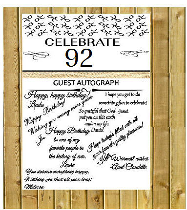 92nd Birthday - Anniversary Novelty Burlap Guest Autograph Sign-In Wall Poster