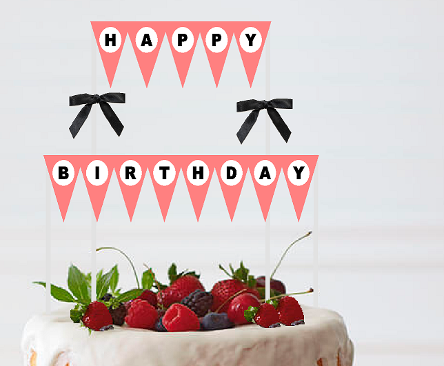 Peach White Black Happy Birthday Bunting Cake Decoration Food Topper wtih Bow