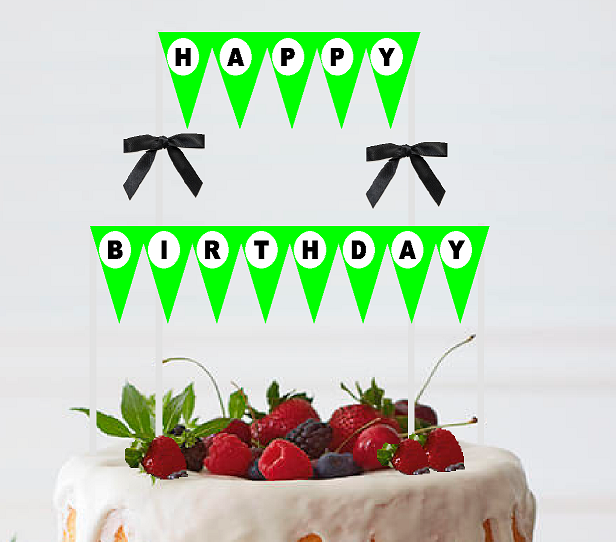 Lime Green White Black  Happy Birthday Bunting Cake Decoration Food Topper wtih Bow