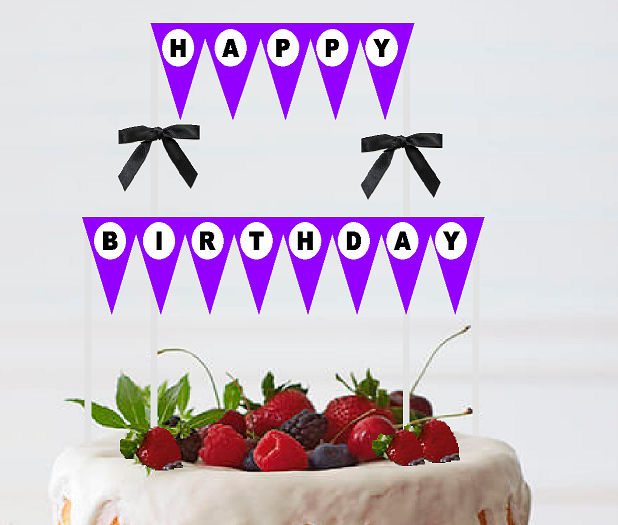 Purple White Black Happy Birthday Bunting Cake Decoration Food Topper wtih Bow