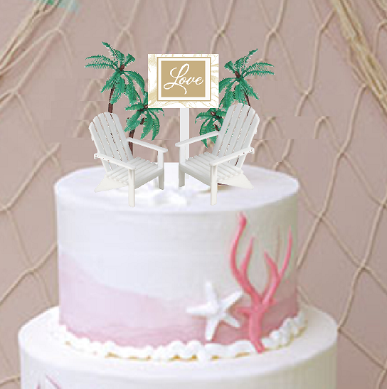 Mr & Mrs Sign with 2 Beach Chairs Wedding- Anniversary Cake Decoration Topper with Trees