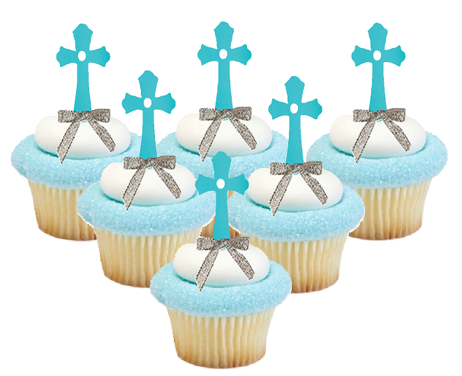 Blue Cross Silver Bow Cupcake Decoration Topper Picks -12pk