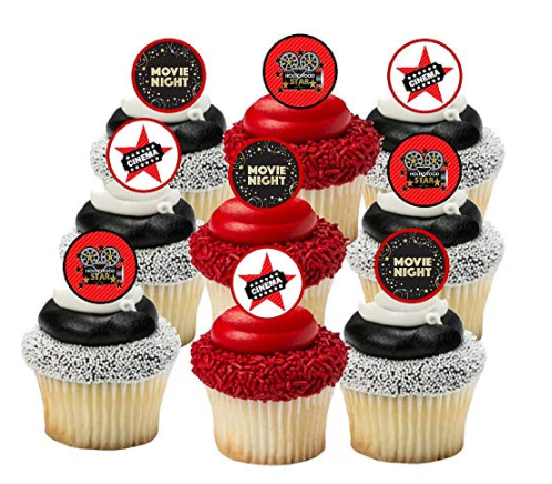 Hollywood Star Movie Night Cinema Red Carpet Easy Topper Cupcake Toppers Rings -12pk