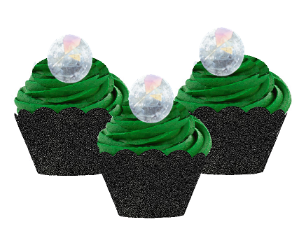12pk Iridescent Ring Wedding Bridal Shower Cupcake Toppers w. Black Glitter Wrappers