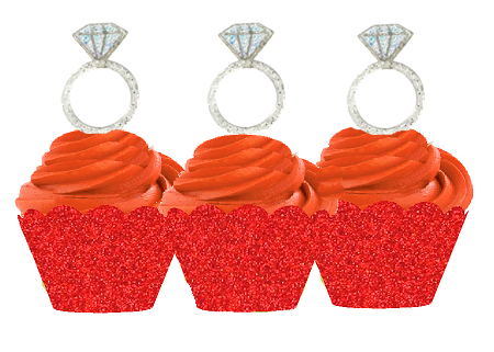 12pk Diamond Shaped Ring  Wedding Bridal Shower Cupcake Toppers w. Red Glitter Wrappers