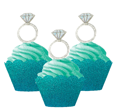 24pk Diamond Shaped Ring  Wedding Bridal Shower Cupcake Toppers w. Turquoise Glitter Wrappers