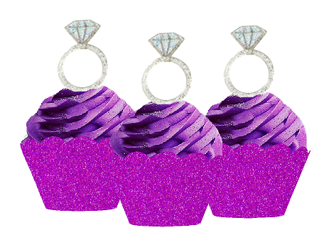 24pk Diamond Shaped Ring Wedding Bridal Shower Cupcake Toppers w. Purple Glitter Wrappers