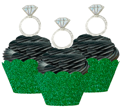 24pk Diamond Shaped Ring  Wedding Bridal Shower Cupcake Toppers w. Green Glitter Wrappers