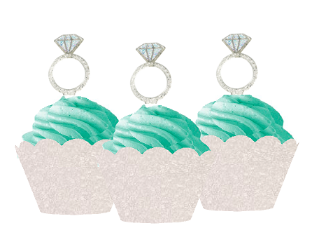24pk Diamond Shaped Ring Wedding Bridal Shower Cupcake Toppers w. Ivory Glitter Wrappers