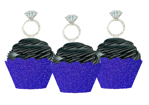24pk Diamond Shaped Ring  Wedding Bridal Shower Cupcake Toppers w. Royal Blue Glitter Wrappers