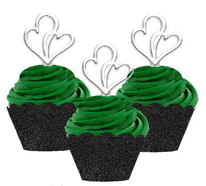 12pk Double Heart Wedding Bridal Shower Cupcake Toppers w. Black Glitter Wrappers