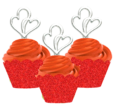 12pk Double Heart Wedding Bridal Shower Cupcake Toppers w. Red Glitter Wrappers