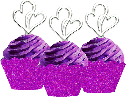 24pk Double Heart Wedding Bridal Shower Cupcake Toppers w. Purple Glitter Wrappers