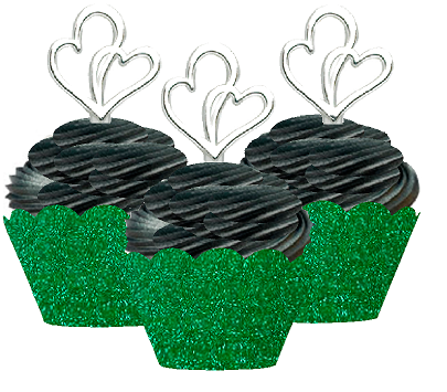 24pk Double Heart Wedding Bridal Shower Cupcake Toppers w. Green Glitter Wrappers
