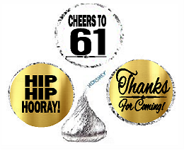 61st Birthday - Anniversary Cheers Hooray Thanks For Coming 324pk Stickers - Labels for Chocolate Drop Hersheys Kisses, Party Favors Decorations