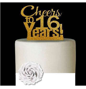 16th Birthday - Anniversary Cheers Gold Glitter Cake Decoration Topper