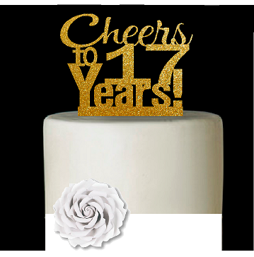 17th Birthday - Anniversary Cheers Gold Glitter Cake Decoration Topper
