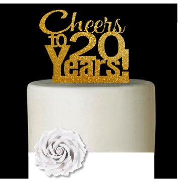 20th Birthday - Anniversary Cheers Gold Glitter Cake Decoration Topper