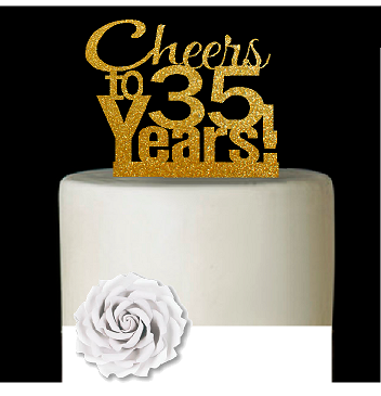 35th Birthday - Anniversary Cheers Gold Glitter Cake Decoration Topper