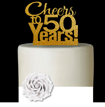50th Birthday - Anniversary Cheers Gold Glitter Cake Decoration Topper