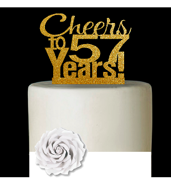 57th Birthday - Anniversary Cheers Gold Glitter Cake Decoration Topper
