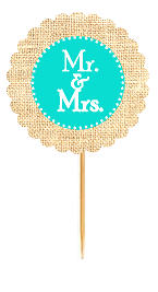 Mr & Mrs Turquoise Rustic Burlap Wedding Cupcake Decoration Topper Picks -12ct