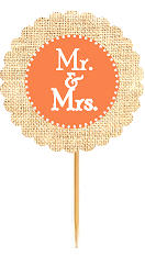 Mr & Mrs Coral Rustic Burlap Wedding Cupcake Decoration Topper Picks -12ct