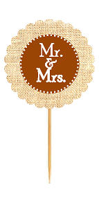 Mr & Mrs Brown Rustic Burlap Wedding Cupcake Decoration Topper Picks -12ct