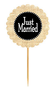 Just Married Black Rustic Burlap Wedding Cupcake Decoration Topper Picks -12ct