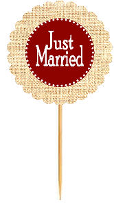 Just Married Burgundy Rustic Burlap Wedding Cupcake Decoration Topper Picks -12ct