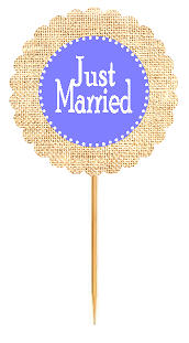 Just Married Gray Blue Rustic Burlap Wedding Cupcake Decoration Topper Picks -12ct