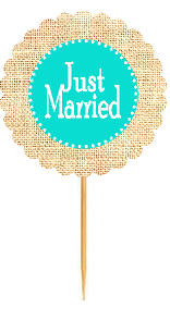 Just Married Turquoise Rustic Burlap Wedding Cupcake Decoration Topper Picks -12ct