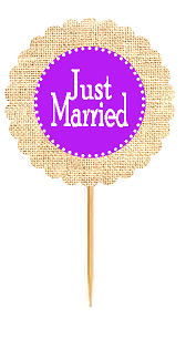 Just Married Violet Rustic Burlap Wedding Cupcake Decoration Topper Picks -12ct