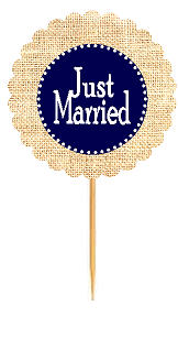 Just Married Navy Rustic Burlap Wedding Cupcake Decoration Topper Picks -12ct