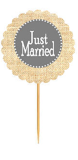 Just Married Gray Rustic Burlap Wedding Cupcake Decoration Topper Picks -12ct