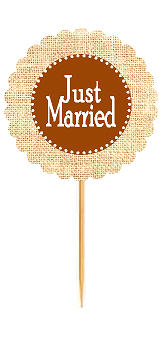 Just Married Brown Rustic Burlap Wedding Cupcake Decoration Topper Picks -12ct