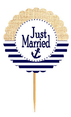 Just Married Nautical Anchor Rustic Burlap Wedding Cupcake Decoration Topper Picks -12ct