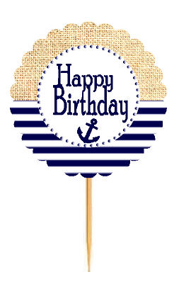 Happy Birthday Nautical Anchor  Rustic Burlap Birthday Cupcake Decoration Topper Picks -12ct