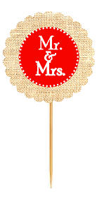 Mr & Mrs Red Rustic Burlap Wedding Cupcake Decoration Topper Picks -12ct