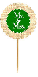 Mr & Mrs Green Rustic Burlap Wedding Cupcake Decoration Topper Picks -12ct