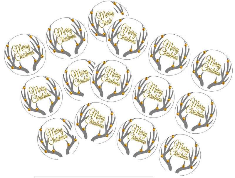 90 Merry Christmas Deer Antlers Gold 1.5inch Round Party Favor Stickers - Envelope Seals- Favor Decorations