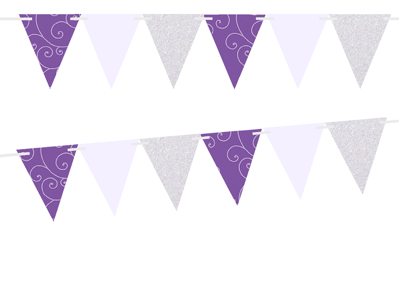 Purple Swirl-Solid Lavendar-Glitter Silver 10ft Vintage Pennant Banner Paper Triangle  Bunting Flags for Weddings, Birthdays, Baby Showers, Events & Parties