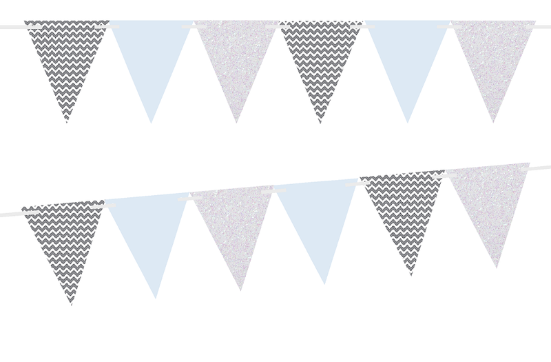Grey Chevron-Solid Light Blue-White Glitter 10ft Vintage Pennant Banner Paper Triangle  Bunting Flags for Weddings, Birthdays, Baby Showers, Events & Parties