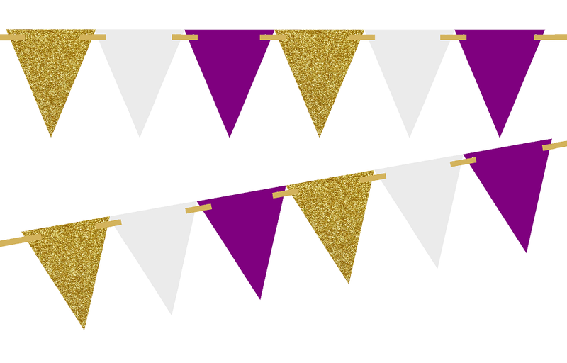 Gold Glitter-Solid Purple-Solid White 10ft Vintage Pennant Banner Paper Triangle  Bunting Flags for Weddings, Birthdays, Baby Showers, Events & Parties