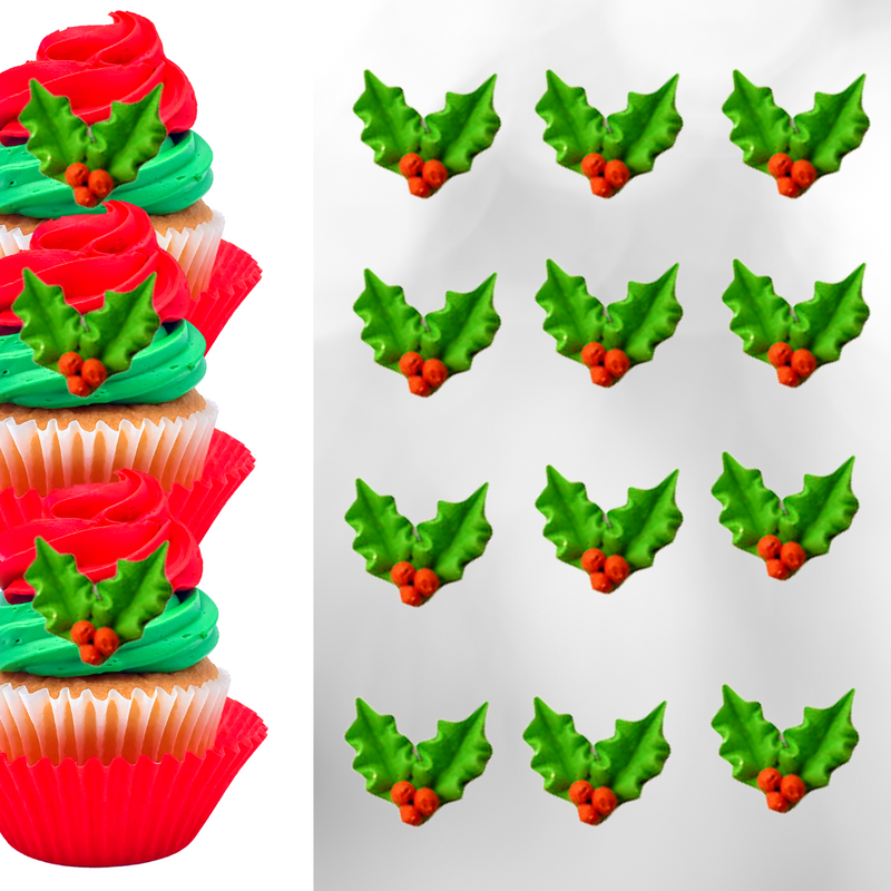 Holly w- Berry Royal Icing Frosting Decoration Toppers