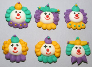 Clown Faces Mardi Gras Colors Asst. Royal Icing Cake-Cupcake Decorations 12 Ct