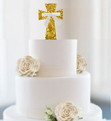 First Communion - Christening - Baptism Cake Decoration Gold Glitter Cross- White Bow