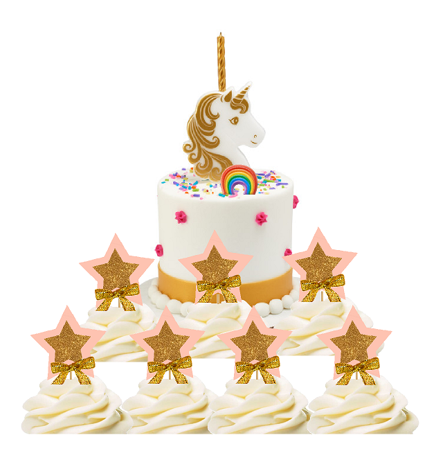 Unicorn Cake Decoration Candle with 12pack Blush Star Cupcake Picks
