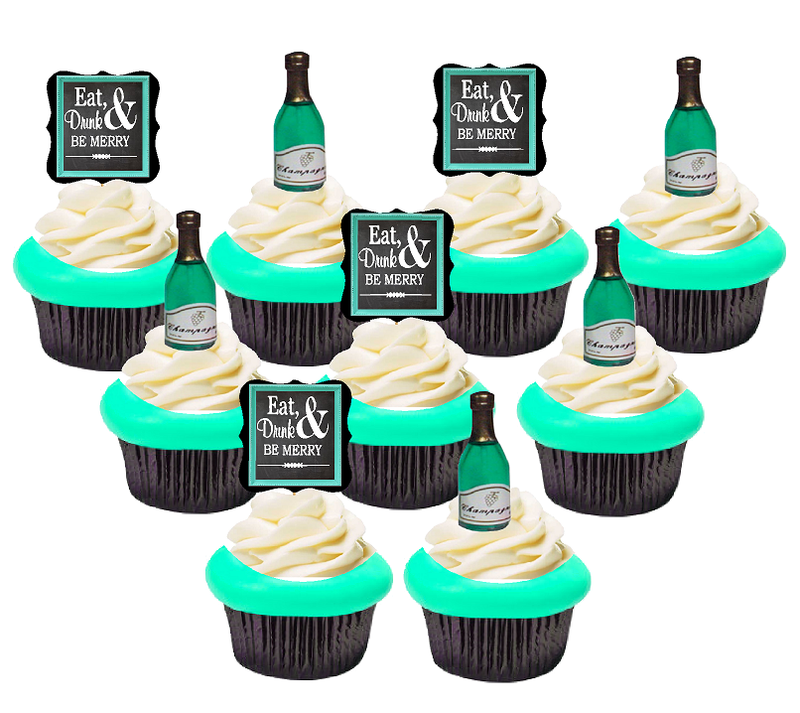 12pack Eat Drink & Be Merry with Champagne Bottle Cake - Cupcake Toppers