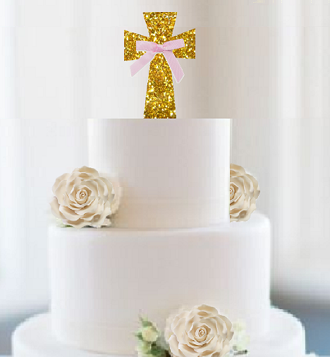 First Communion - Christening - Baptism Cake Decoration Gold Glitter Cross- Pink Bow